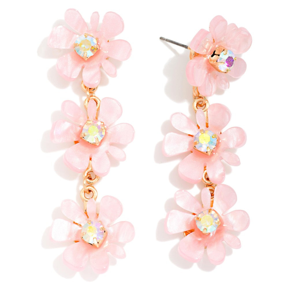 Linked Marbled Acetate Flowers Post Drop Earrings