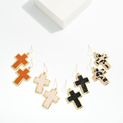 Metal Tone & Vegan Leather Cross Drop Earrings 284534