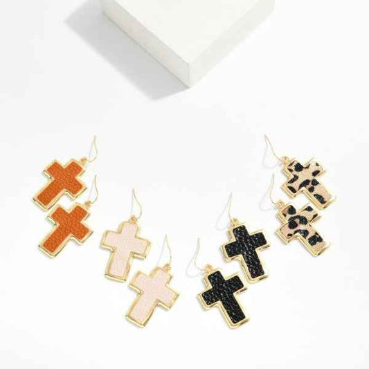 Metal Tone & Vegan Leather Cross Drop Earrings 284534