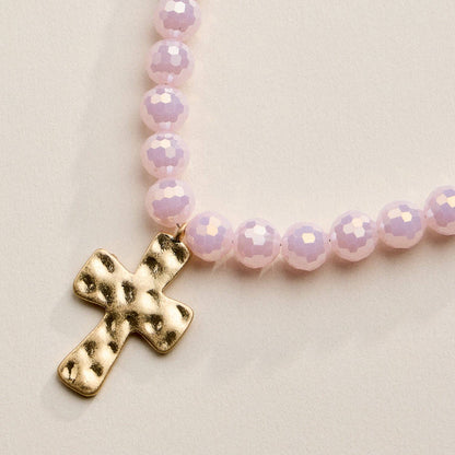 Glass Bead Hammered Cross Charm Necklace | Christian Jewelry