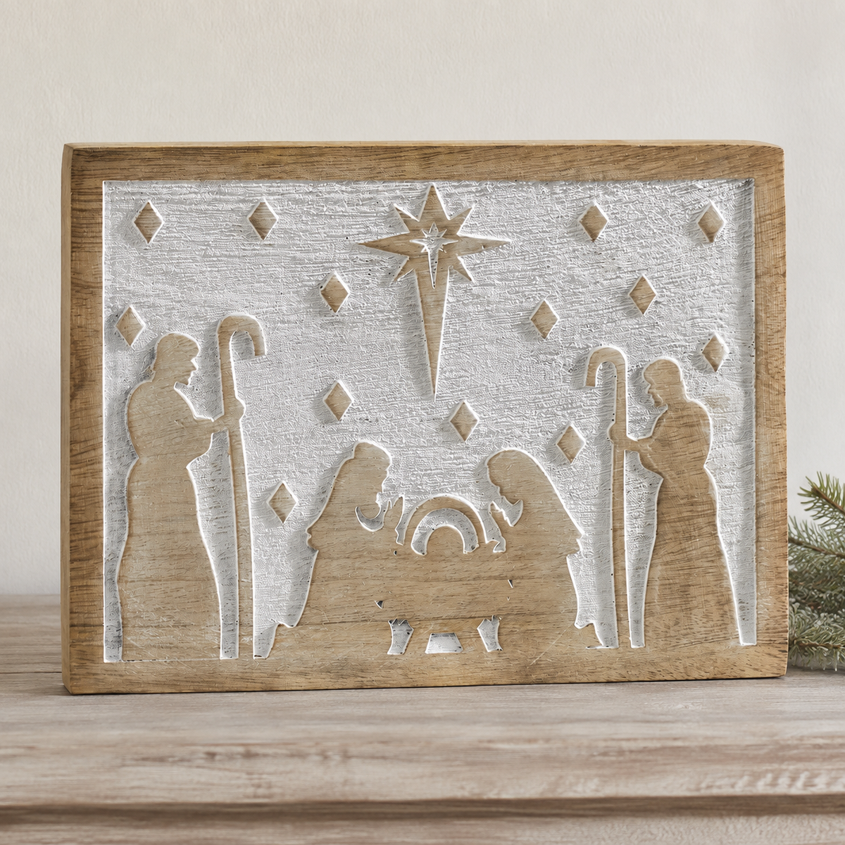 Christmas Nativity Sign 6x8x1 White Wash Wooden Manger