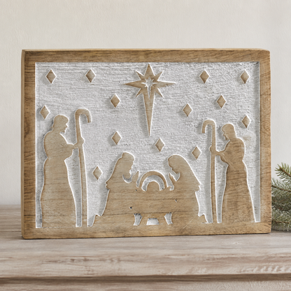 Christmas Nativity Sign 6x8x1 White Wash Wooden Manger