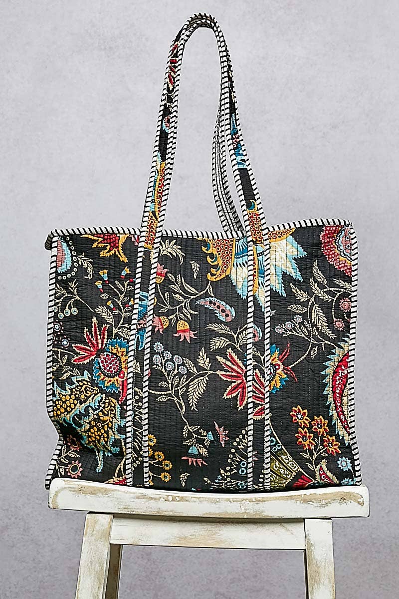 Quilted Striped Binding Roomy Fit Black Tote Bag