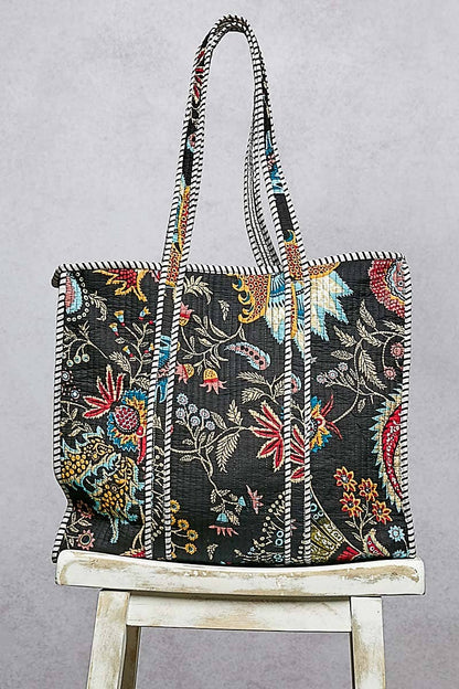 Quilted Striped Binding Roomy Fit Black Tote Bag