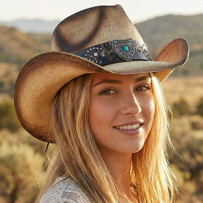 Vintage Straw CowboyHat With Turquoise Shield &Sunburst Band