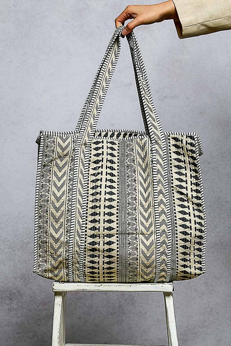 Bohemian Printed Quilted Striped Bias Tape Woven Tote Bag
