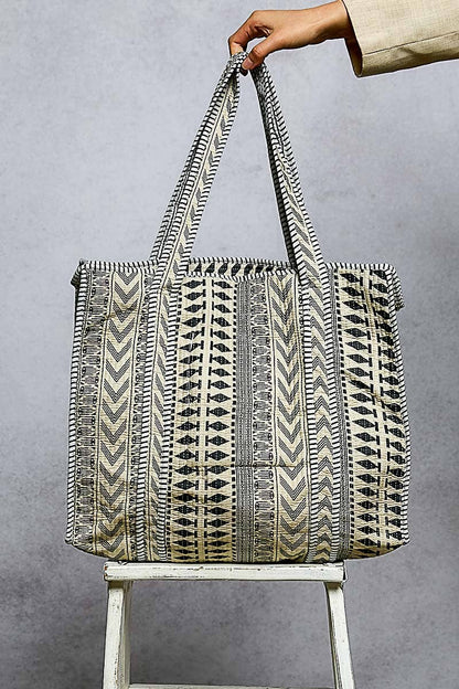 Bohemian Printed Quilted Striped Bias Tape Woven Tote Bag
