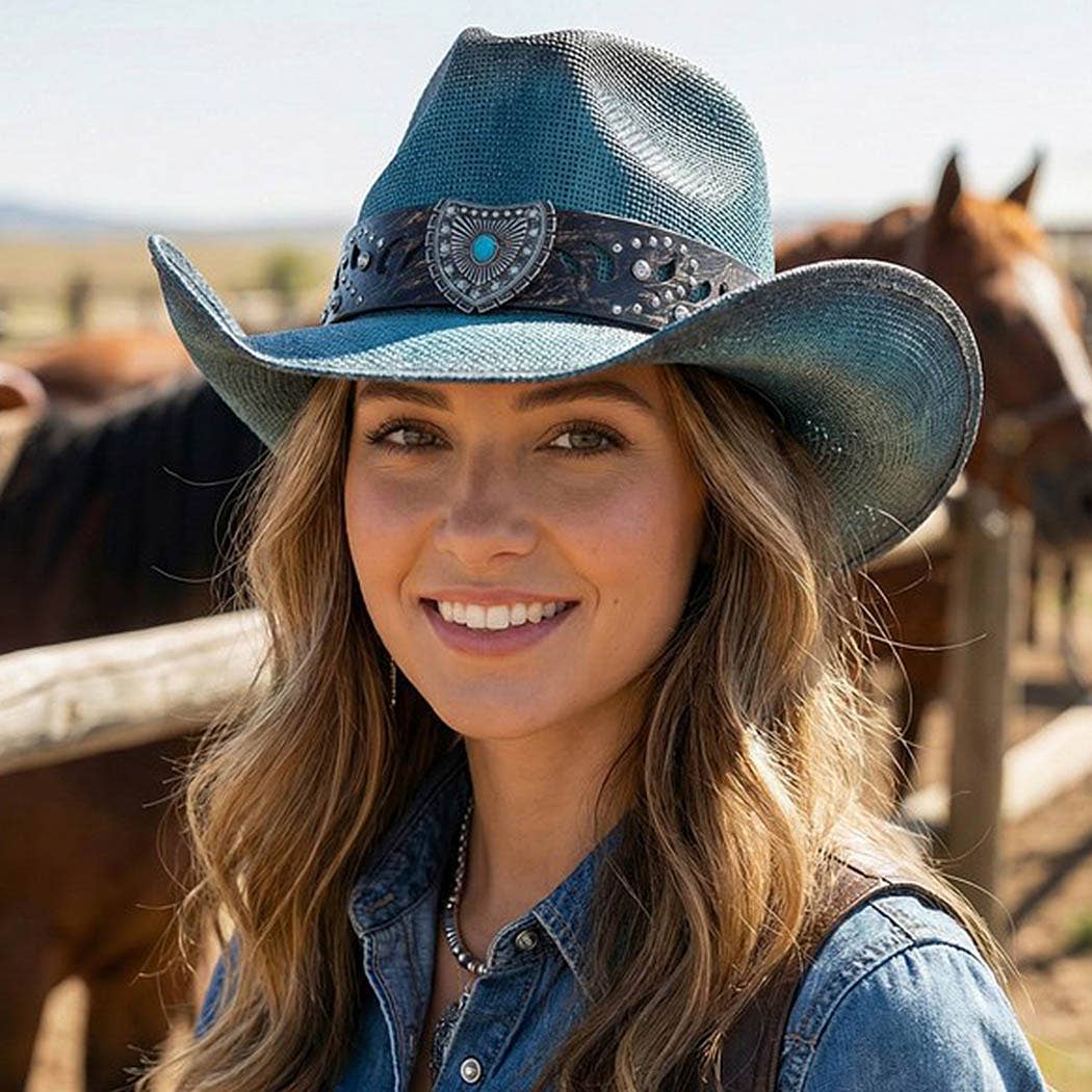 Vintage Straw CowboyHat With Turquoise Shield &Sunburst Band