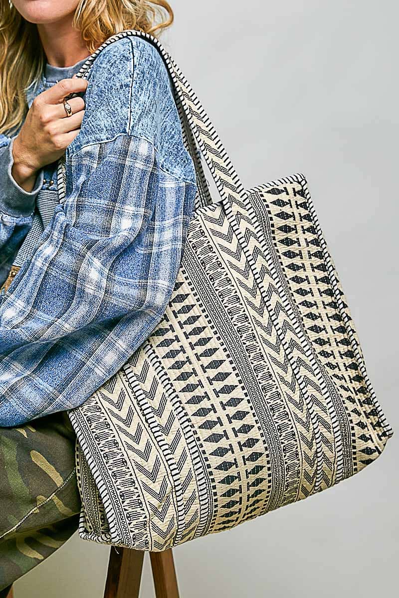 Bohemian Printed Quilted Striped Bias Tape Woven Tote Bag