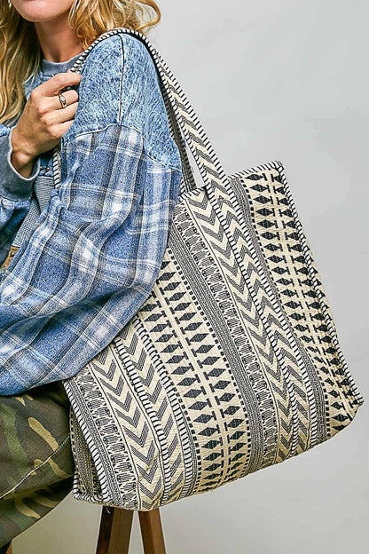 Bohemian Printed Quilted Striped Bias Tape Woven Tote Bag