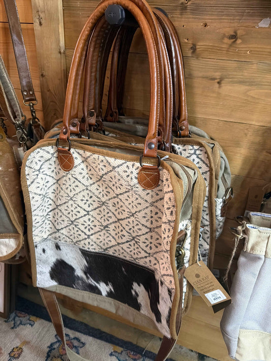 CR - Mixed Fabrics With Cowhide Trim Tote Bag SKU: 55556 - Havens Marketplace