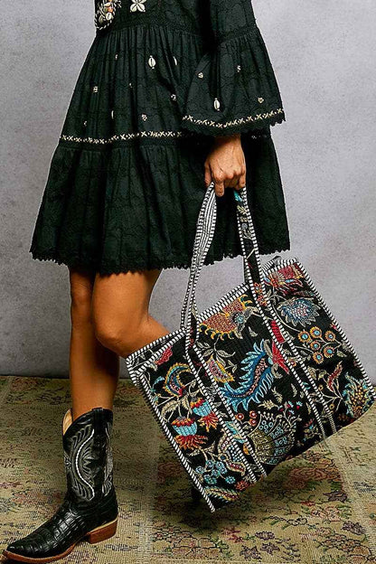 Quilted Striped Binding Roomy Fit Black Tote Bag