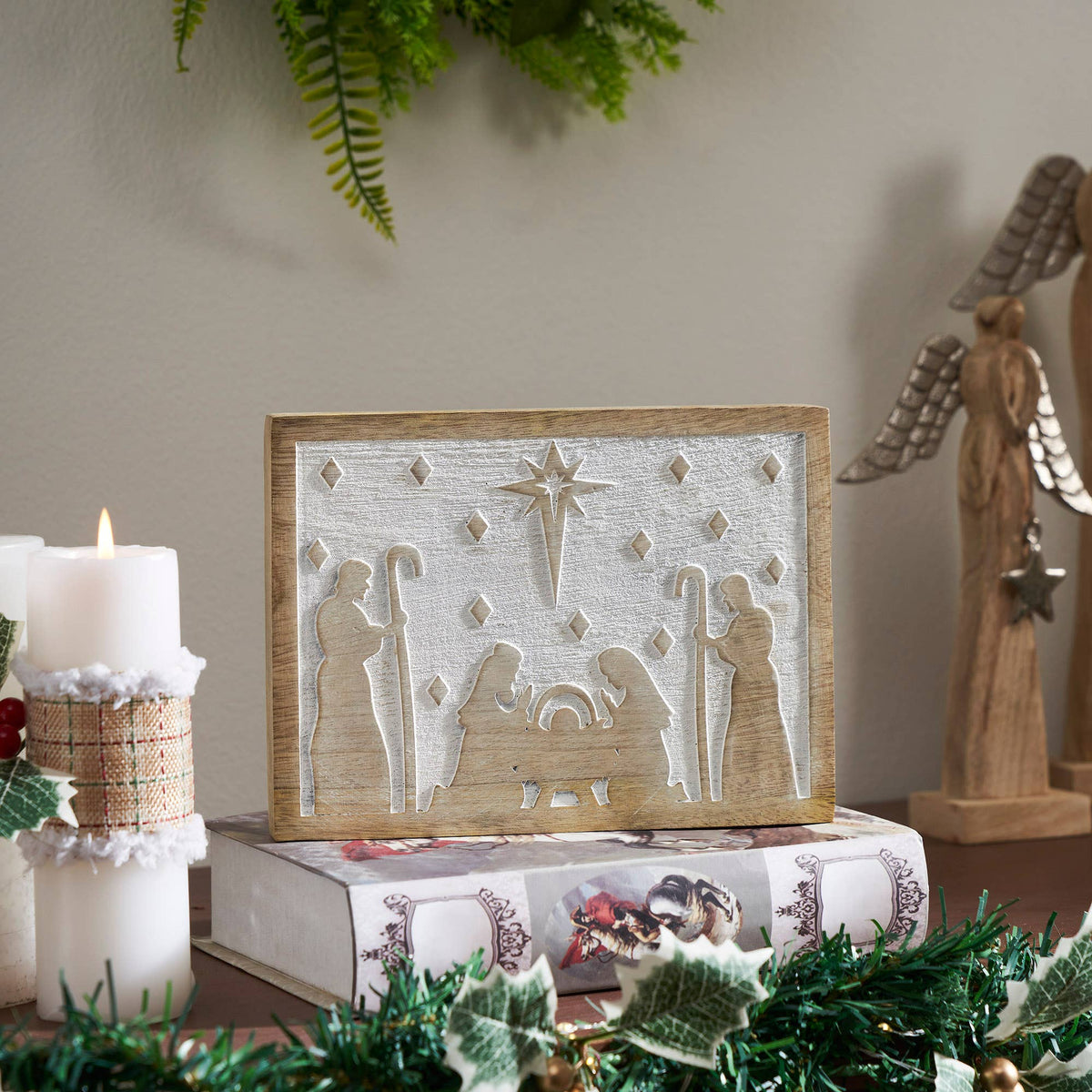 Christmas Nativity Sign 6x8x1 White Wash Wooden Manger