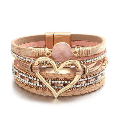 Boho Layered Heart Charm Rhinestone Magnetic Bracelet