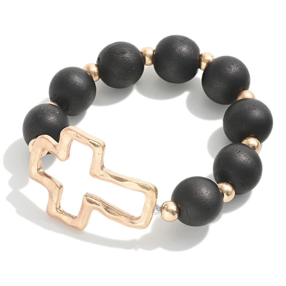 Hammered Cross Stretch Wood Beaded Bracelet