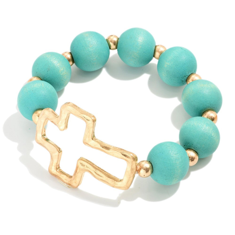 Hammered Cross Stretch Wood Beaded Bracelet
