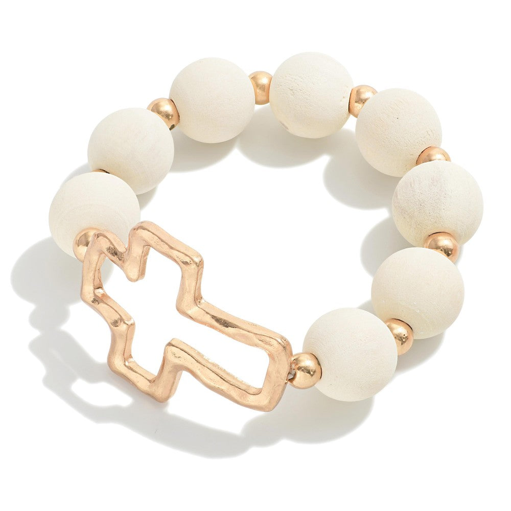 Hammered Cross Stretch Wood Beaded Bracelet