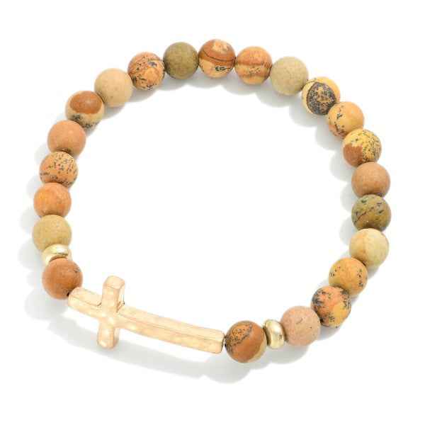 Stone Beaded Stretch Bracelet Featuring Hammered Metal Cross - Havens Marketplace