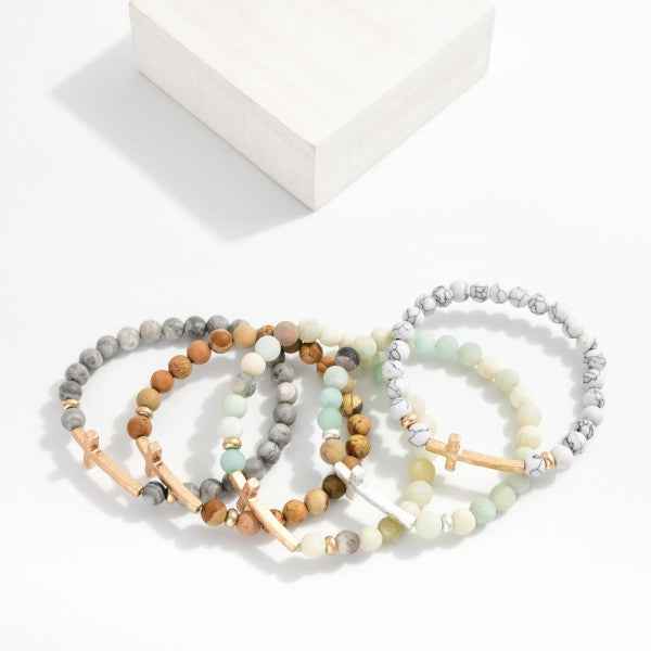 Stone Beaded Stretch Bracelet Featuring Hammered Metal Cross - Havens Marketplace
