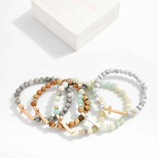 Stone Beaded Stretch Bracelet Featuring Hammered Metal Cross - Havens Marketplace