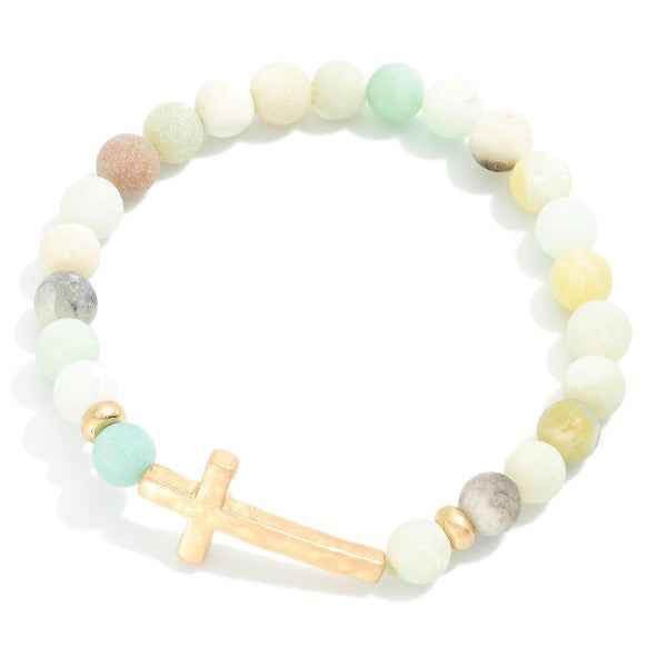 Stone Beaded Stretch Bracelet Featuring Hammered Metal Cross - Havens Marketplace