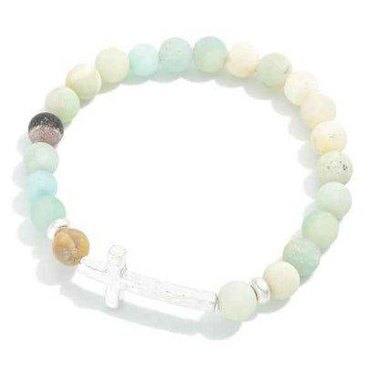 Stone Beaded Stretch Bracelet Featuring Hammered Metal Cross - Havens Marketplace