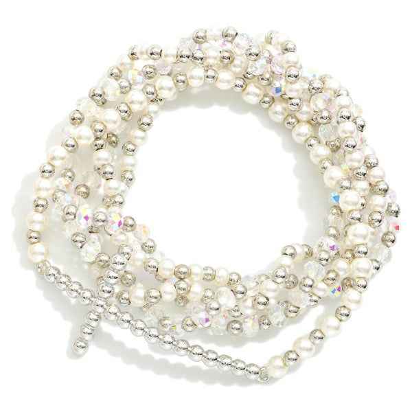 Five Beaded Stretch Bracelets Featuring Pearls, Faceted Beads, & Cross - Havens Marketplace