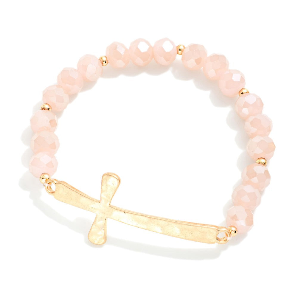 Faceted Bead Beaded Stretch Bracelet w/Hammered Metal East West Cross
