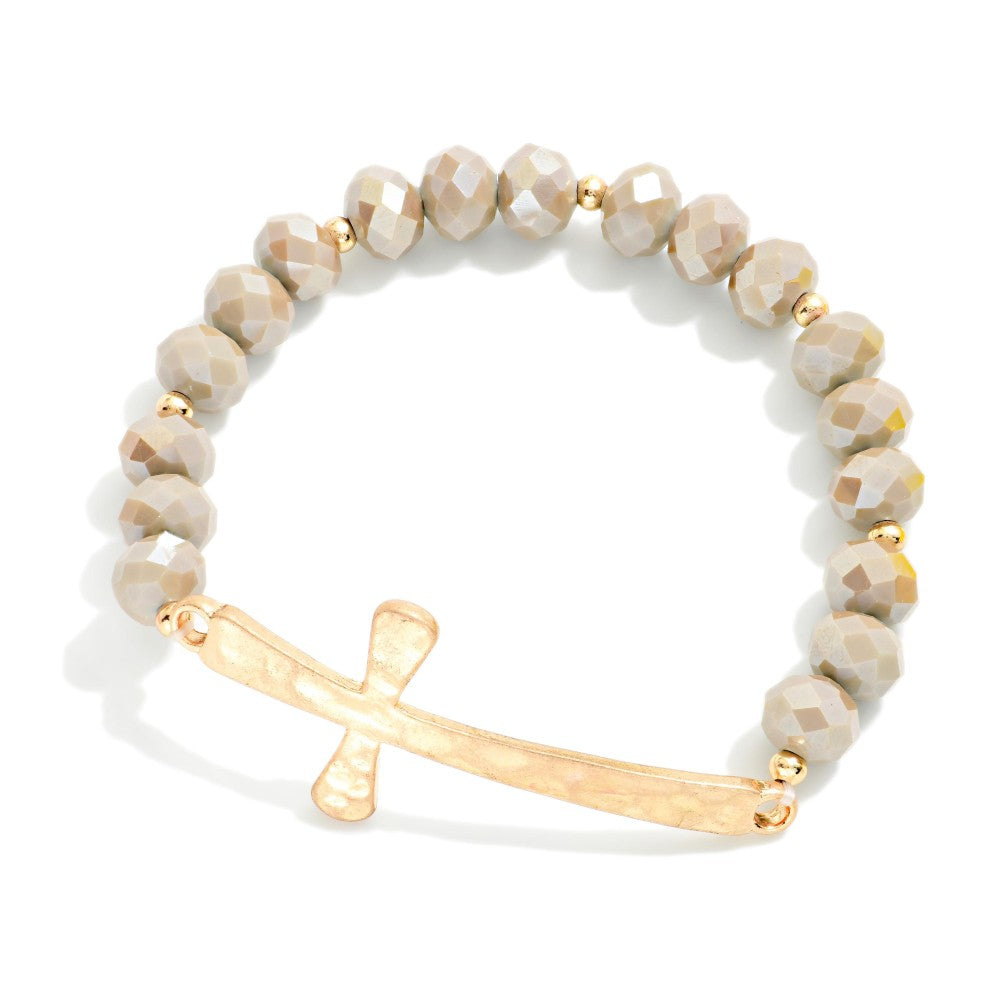 Faceted Bead Beaded Stretch Bracelet w/Hammered Metal East West Cross