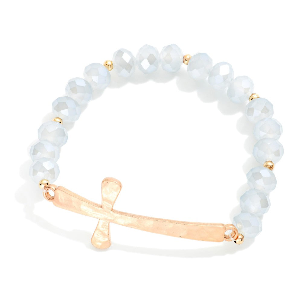 Faceted Bead Beaded Stretch Bracelet w/Hammered Metal East West Cross