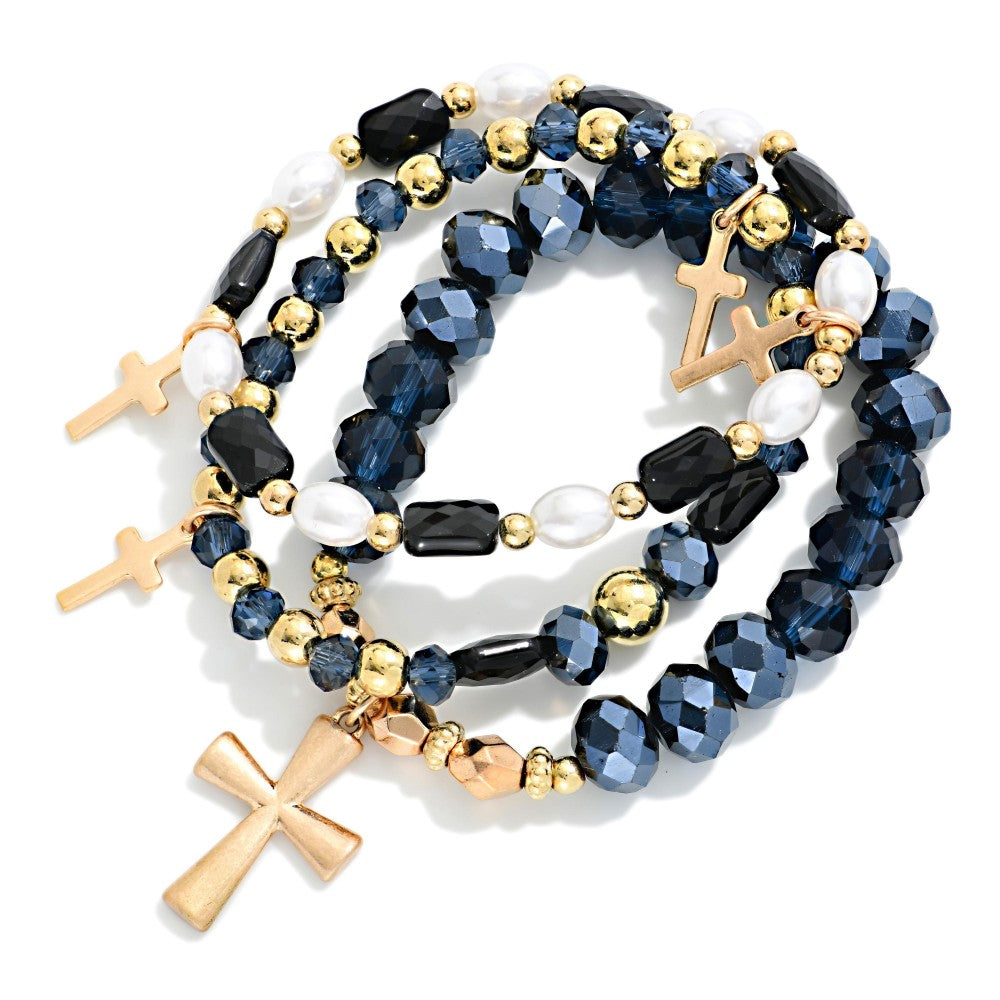 Set Of Three Beaded Stretch Bracelets Featuring Faceted Beads, Pearls, & Cross Charms