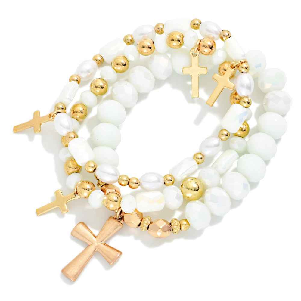 Set Of Three Beaded Stretch Bracelets Featuring Faceted Beads, Pearls, & Cross Charms