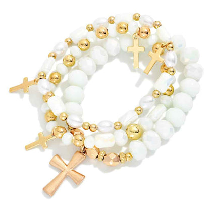 Set Of Three Beaded Stretch Bracelets Featuring Faceted Beads, Pearls, & Cross Charms