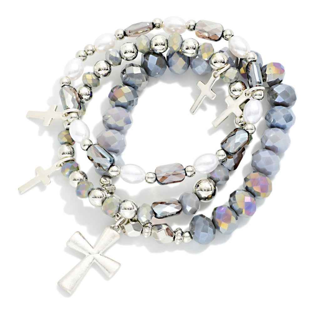 Set Of Three Beaded Stretch Bracelets Featuring Faceted Beads, Pearls, & Cross Charms