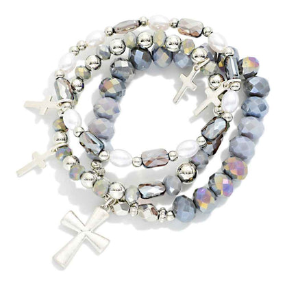 Set Of Three Beaded Stretch Bracelets Featuring Faceted Beads, Pearls, & Cross Charms