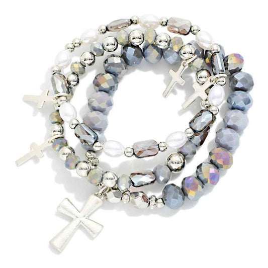 Set Of Three Beaded Stretch Bracelets Featuring Faceted Beads, Pearls, & Cross Charms