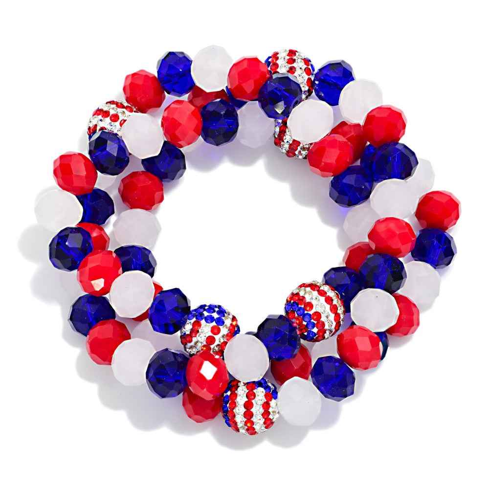 Set Of Three Beaded Stretch Bracelets Featuring Faceted Beads, Pearls, &amp; Cross Charms