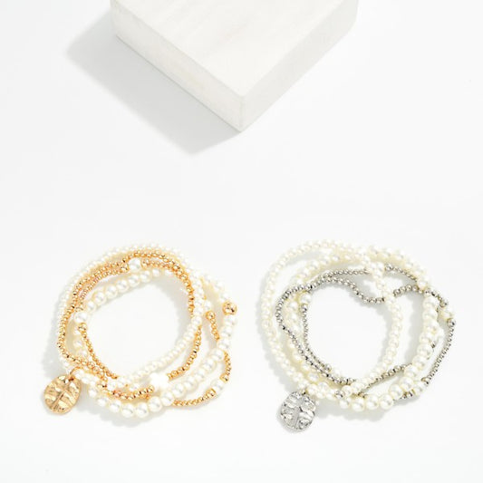 Set Of Four Metal Tone & Pearl Beaded Stretch Bracelets Hammered Metal Cross Medallion 444362