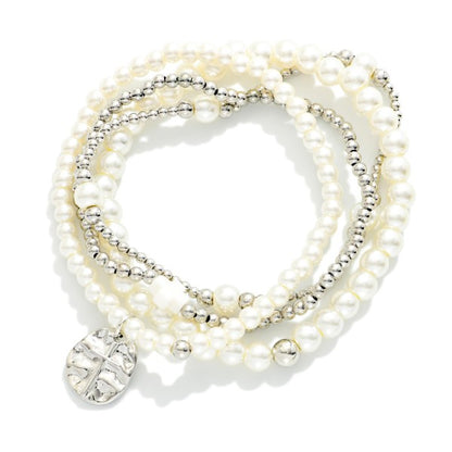 Set Of Four Metal Tone & Pearl Beaded Stretch Bracelets Hammered Metal Cross Medallion 444362
