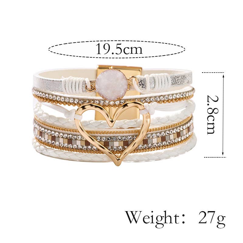 Boho Layered Heart Charm Rhinestone Magnetic Bracelet