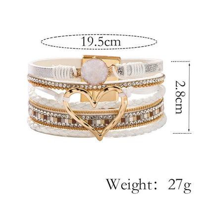 Boho Layered Heart Charm Rhinestone Magnetic Bracelet