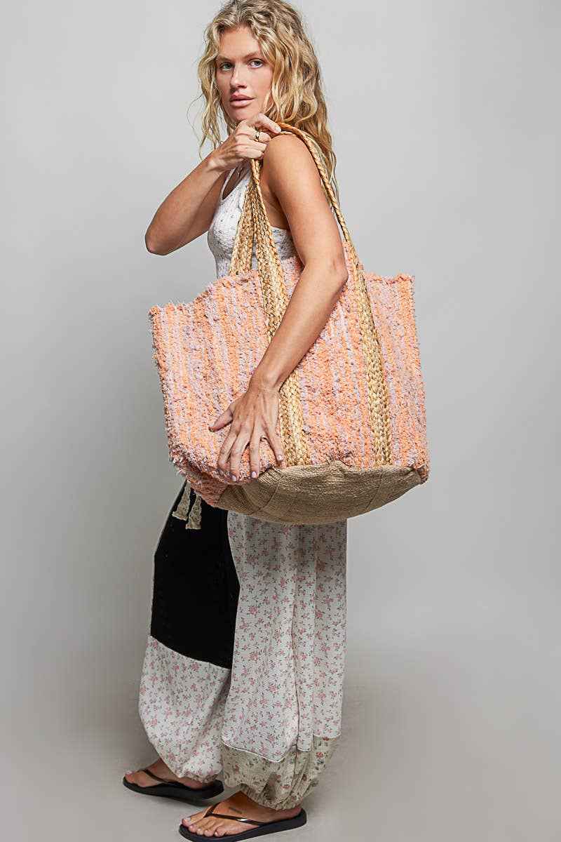 Handwoven Orange Striped Textured Bohemian Casual Tote Bag