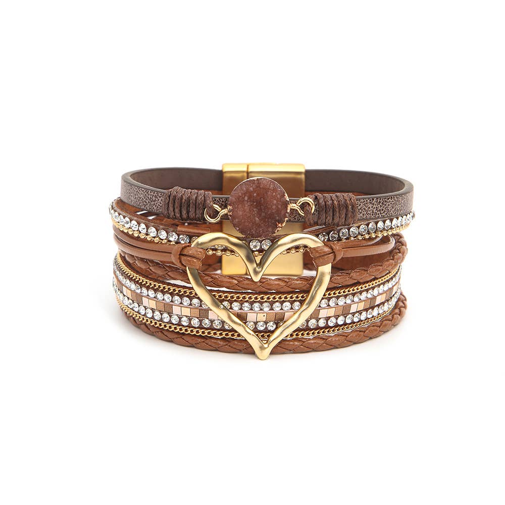 Boho Layered Heart Charm Rhinestone Magnetic Bracelet