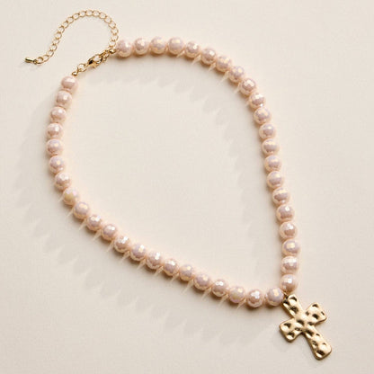 Glass Bead Hammered Cross Charm Necklace | Christian Jewelry