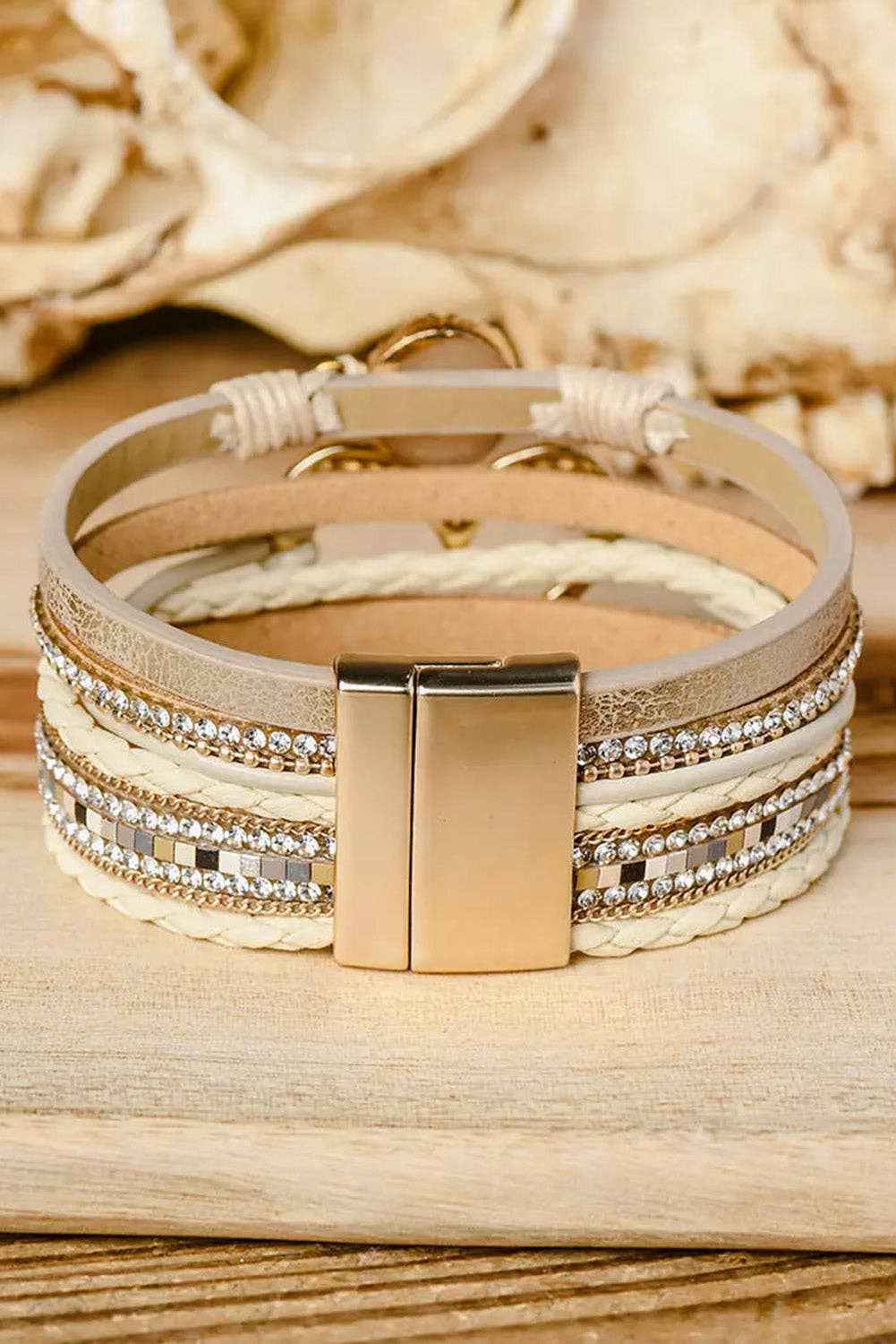 Boho Layered Heart Charm Rhinestone Magnetic Bracelet