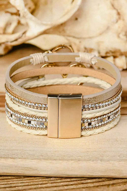 Boho Layered Heart Charm Rhinestone Magnetic Bracelet
