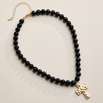 Glass Bead Hammered Cross Charm Necklace | Christian Jewelry
