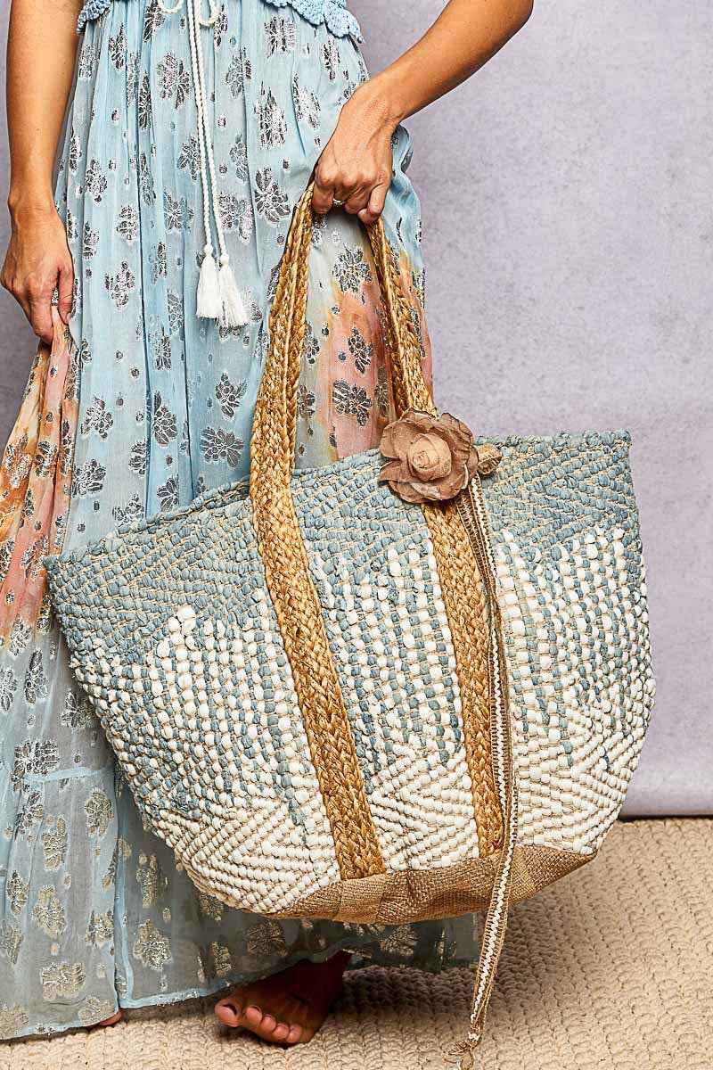 Denim Crochet Woven Tote Bag Boho Dotted Texture