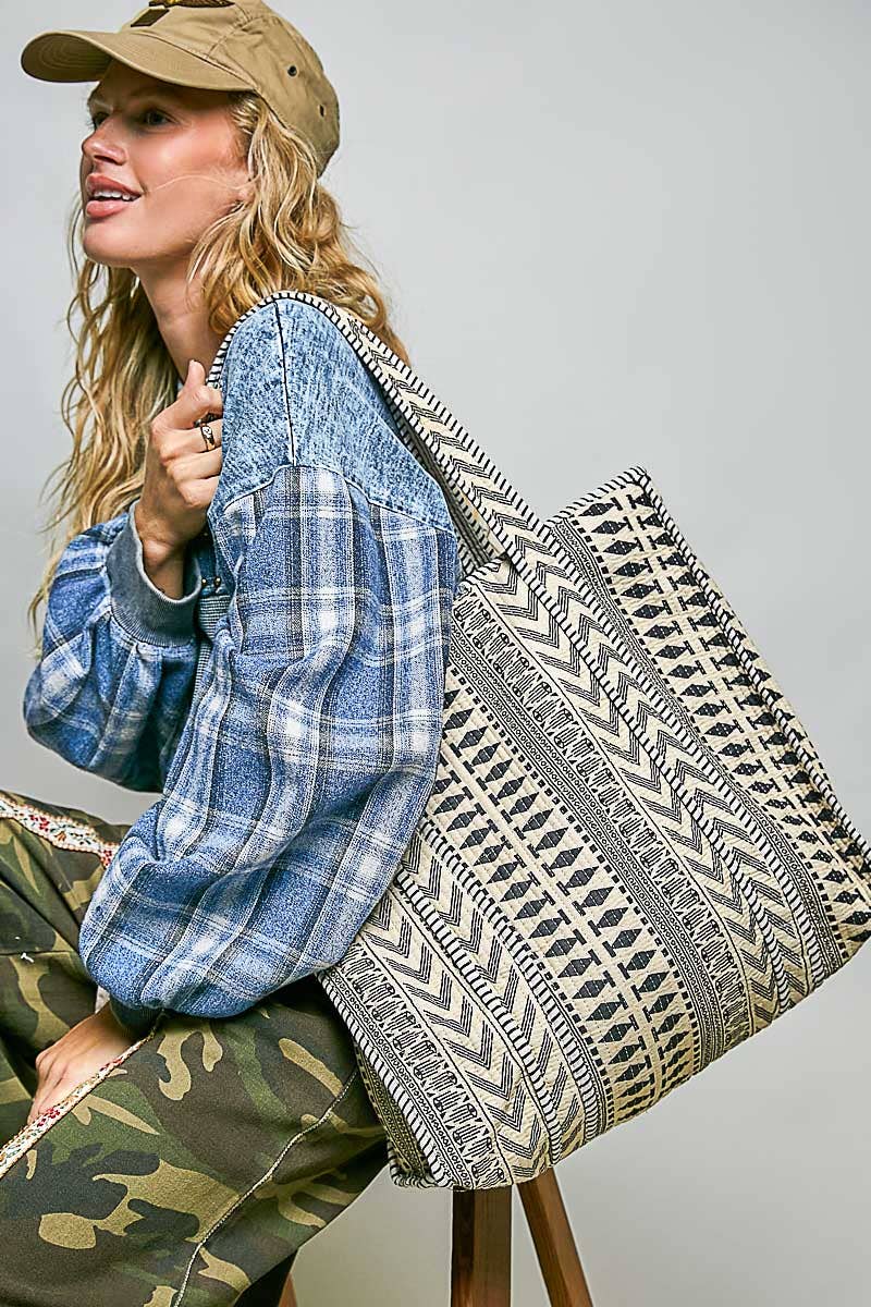 Bohemian Printed Quilted Striped Bias Tape Woven Tote Bag