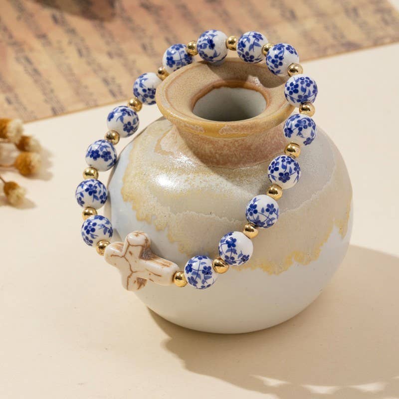 BLUE CERAMIC PORCELAIN CROSS CHARM BRACELET | 40B5175